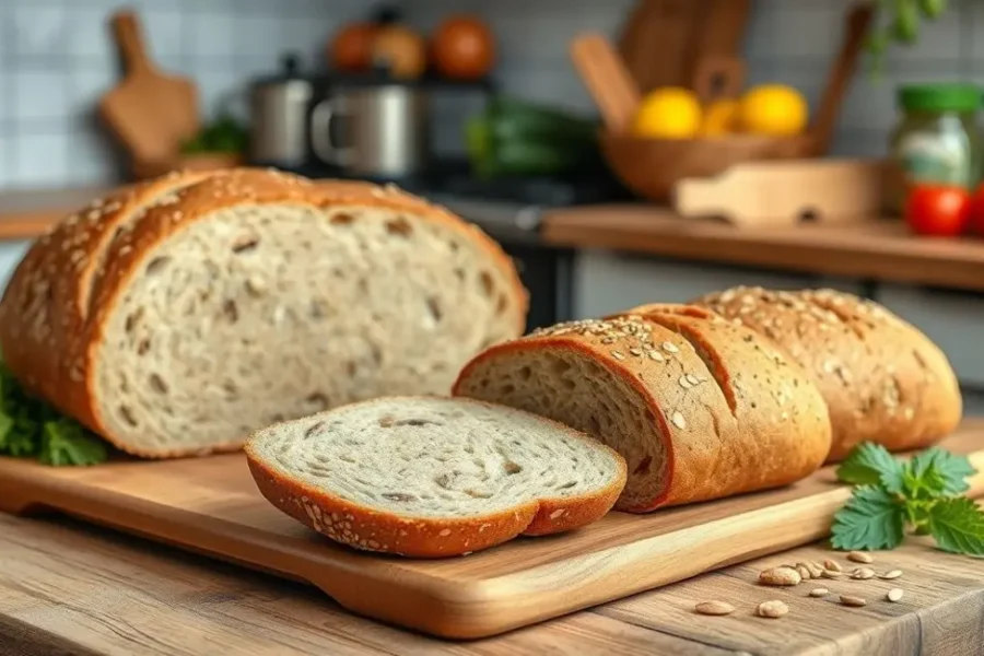 Uma mesa de cozinha com pães low carb e ingredientes frescos.