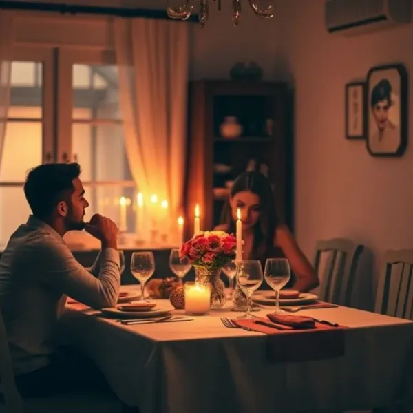 Uma mesa de jantar romantica com velas e flores.