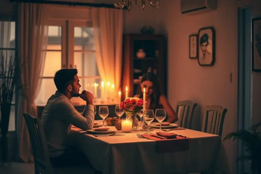Uma mesa de jantar romantica com velas e flores.