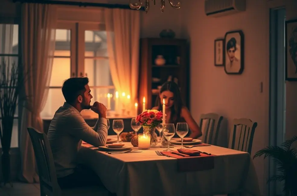 10 Dates Criativos para Casais em Casa que Vão Espantar a Rotina 8 Uma mesa de jantar romantica com velas e flores.
