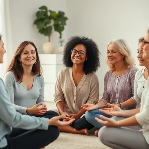 Grupo diversificado de mulheres praticando meditação em um círculo, expressando amizade e suporte.
