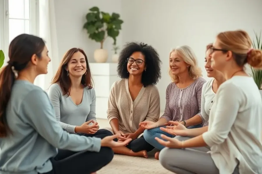 Grupo diversificado de mulheres praticando meditação em um círculo, expressando amizade e suporte.