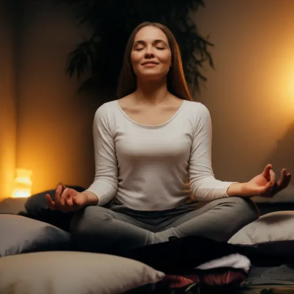 Espaço aconchegante com uma mulher praticando técnicas de grounding.