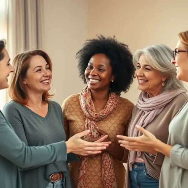 Grupo de mulheres conversando de forma calorosa e apoiando-se mutuamente.