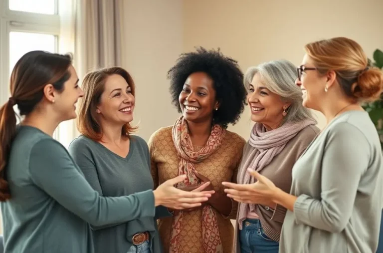 Grupo de mulheres conversando de forma calorosa e apoiando-se mutuamente.