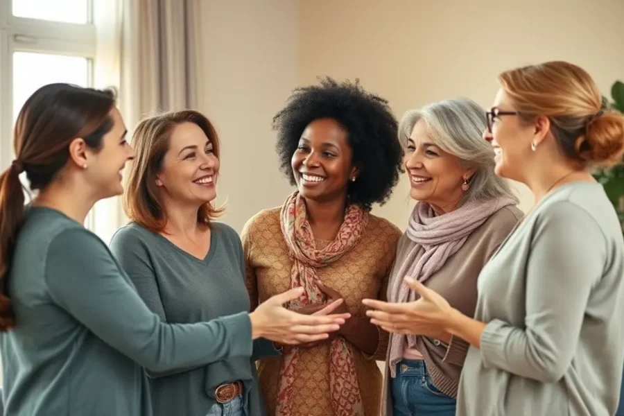 Grupo de mulheres conversando de forma calorosa e apoiando-se mutuamente.