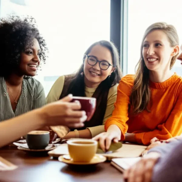 Grupo de mulheres se apoiando, simbolizando empoderamento e produtividade.