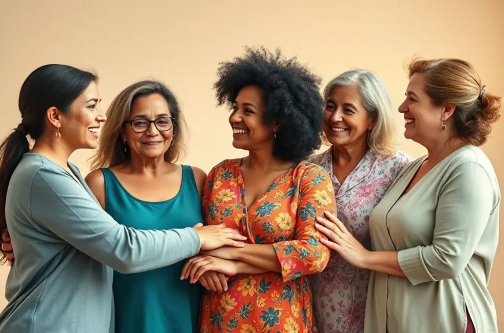 Desvendando Verdades: 7 Passos para Identificar Notícias Falsas sobre Saúde Feminina 8 Grupo diverso de mulheres se apoiando em suas jornadas de saúde.