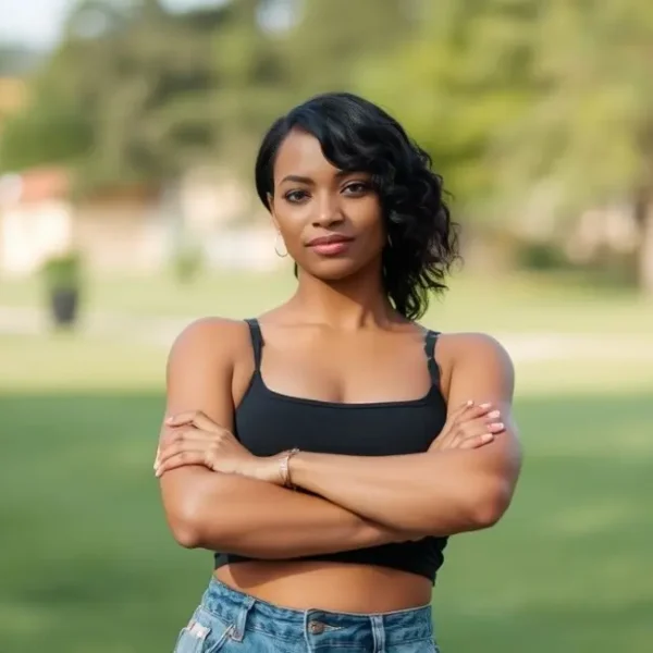 Mulher de braços cruzados, irradiando confiança e individualidade ao ar livre.