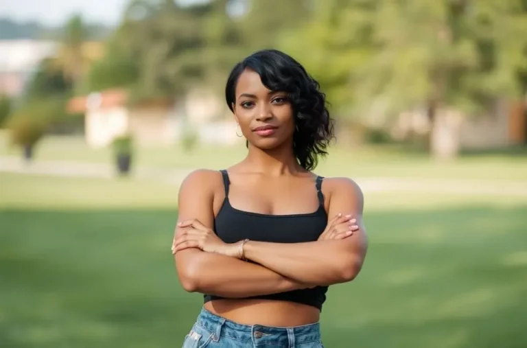 Mulher de braços cruzados, irradiando confiança e individualidade ao ar livre.
