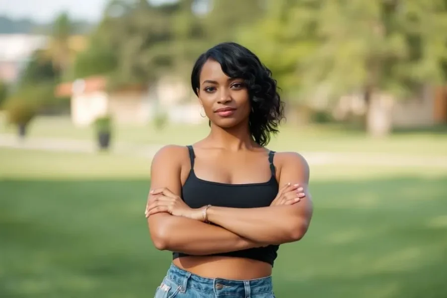 Mulher de braços cruzados, irradiando confiança e individualidade ao ar livre.