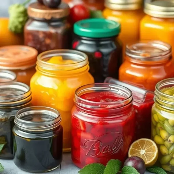 Imagem de uma variedade de conservas caseiras em potes.