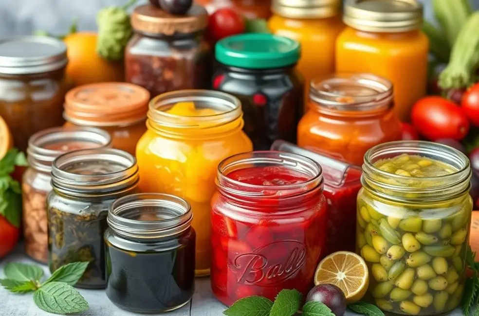 10 Receitas de Conservas Caseiras que Tornarão Seus Almoços Irresistíveis 8 Imagem de uma variedade de conservas caseiras em potes.