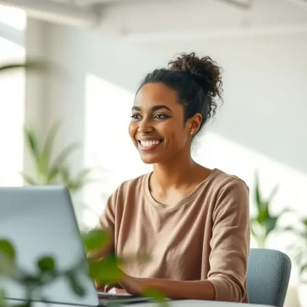 Mulher satisfeita trabalhando em um escritório iluminado e saudável.
