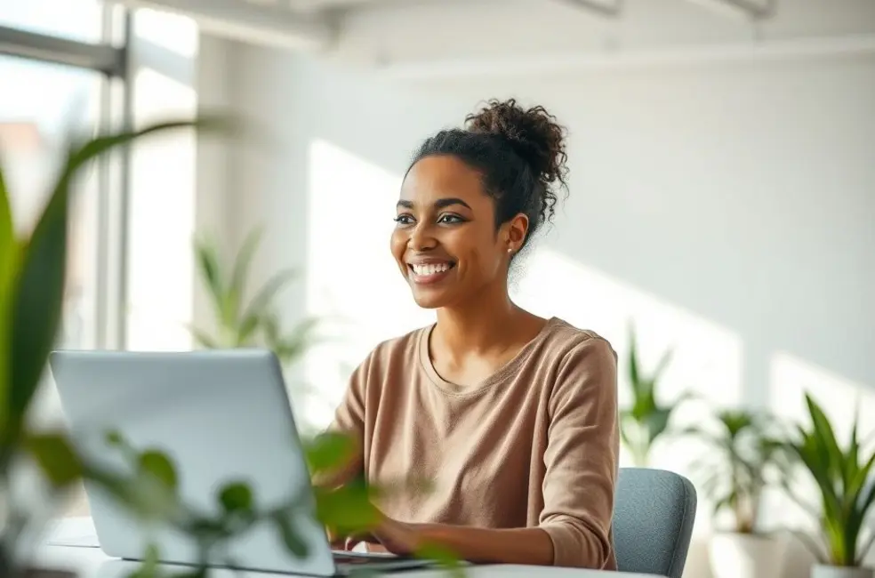 7 Dicas Práticas para Combater o Cansaço Visual e Aumentar sua Produtividade 8 Mulher satisfeita trabalhando em um escritório iluminado e saudável.