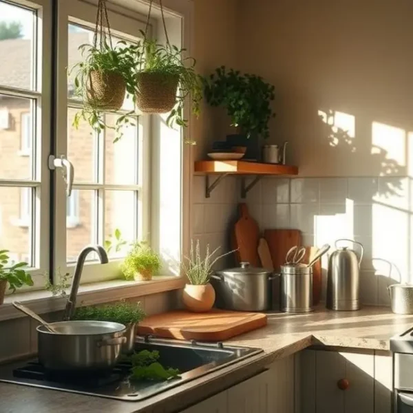 Cozinha iluminada com horta de temperos na janela.