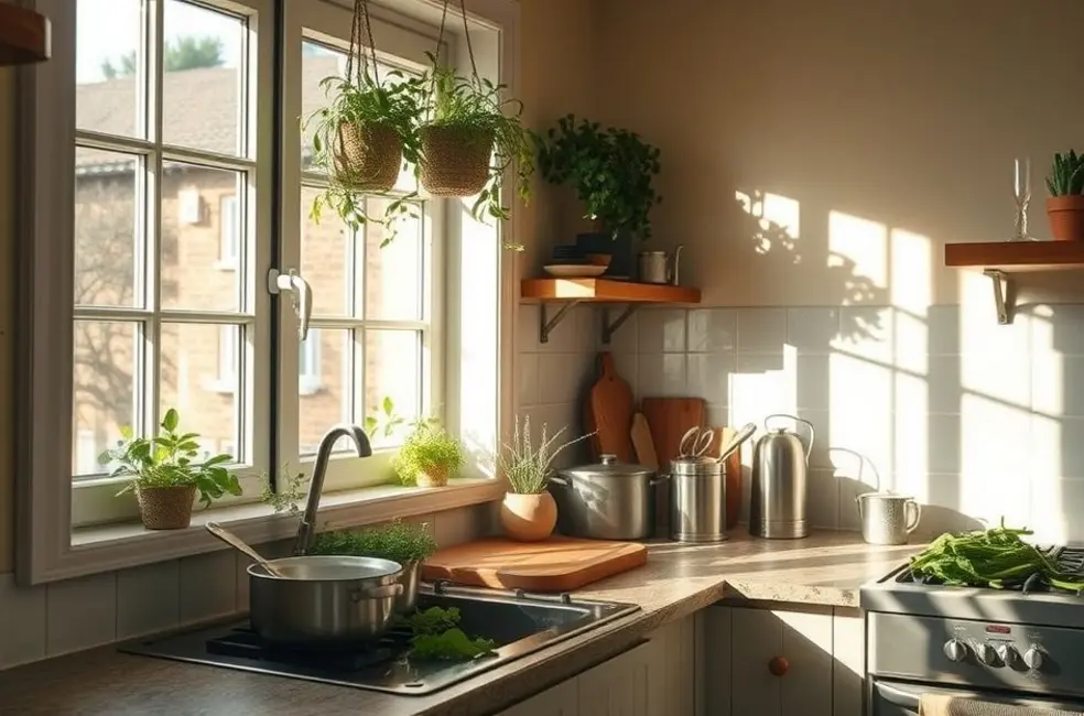 Cultivando Temperos: 7 Passos para a Horta Perfeita Dentro de Casa 8 Cozinha iluminada com horta de temperos na janela.