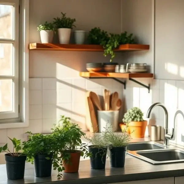 Cozinha pequena e iluminada com ervas frescas.