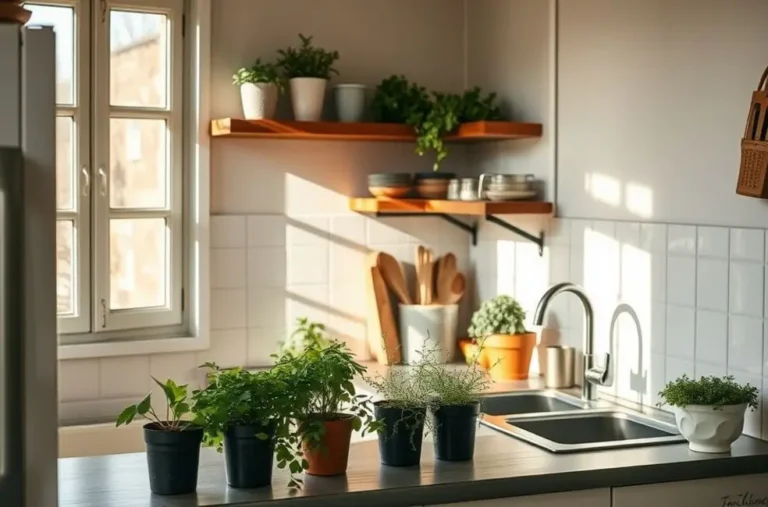 Cozinha pequena e iluminada com ervas frescas.