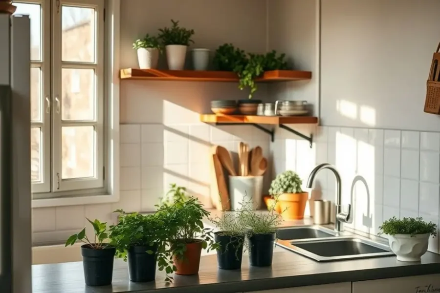 Cozinha pequena e iluminada com ervas frescas.