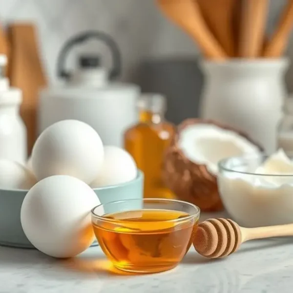 Cozinha com ingredientes naturais organizados para fazer máscaras capilares.