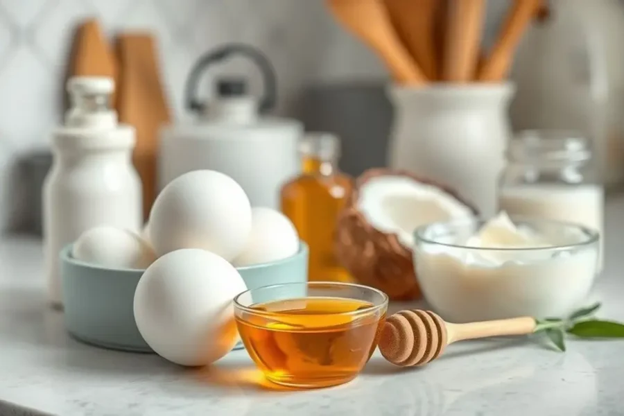 Cozinha com ingredientes naturais organizados para fazer máscaras capilares.