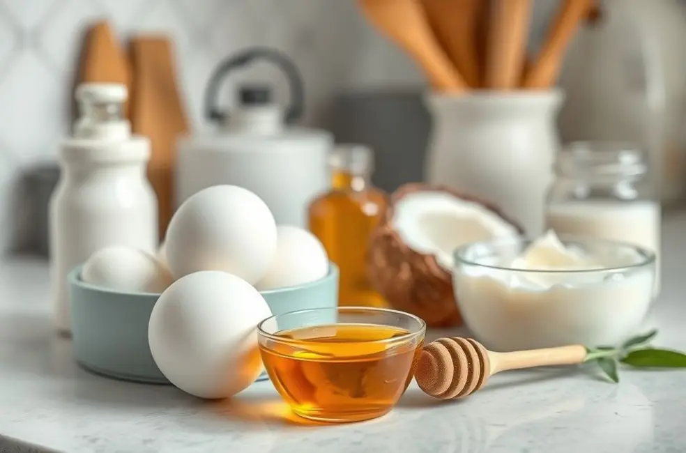 8 Máscaras Capilares Naturais que Você Pode Fazer com Ingredientes da Sua Cozinha 8 Cozinha com ingredientes naturais organizados para fazer máscaras capilares.
