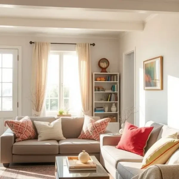 Interior de casa com cores neutras e toques coloridos na decoração.