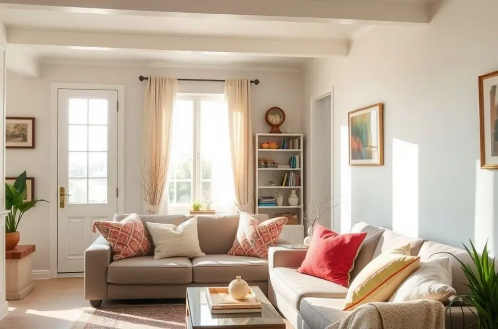 7 Dicas de Pintura que Vão Transformar Sua Casa Sem Gastar Muito 8 Interior de casa com cores neutras e toques coloridos na decoração.