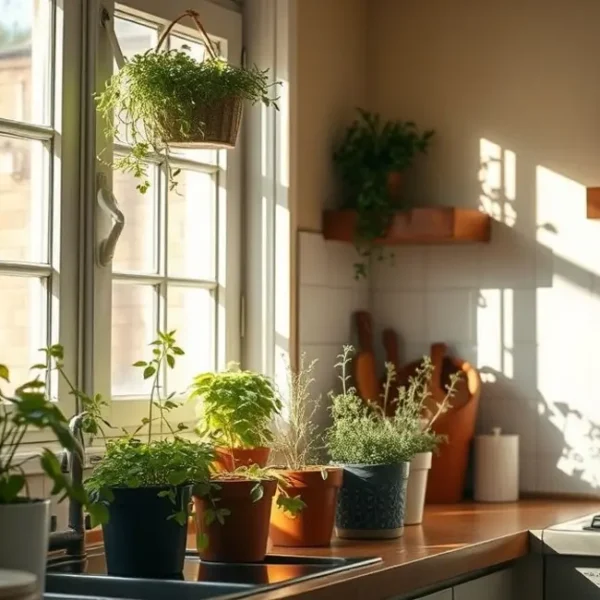Cozy kitchen filled with potted herbs.