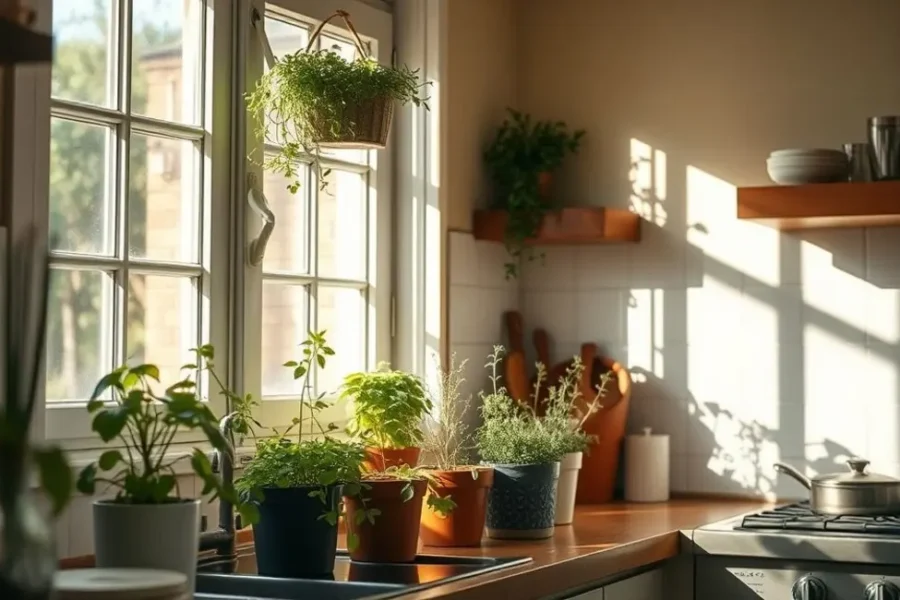 Cozy kitchen filled with potted herbs.