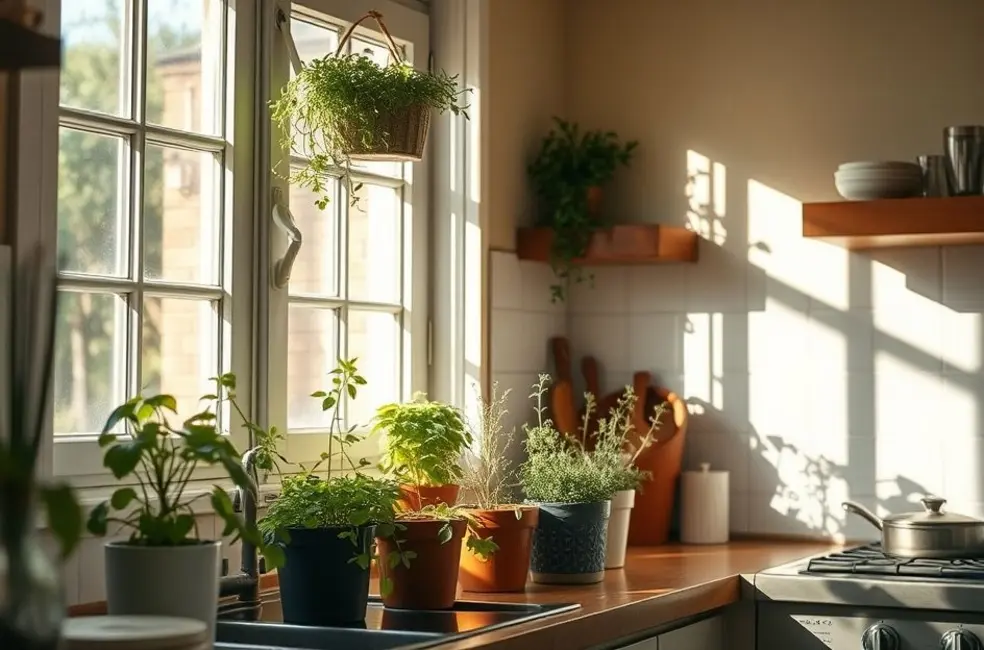 Cultivando Sabor: 7 Passos para Criar sua Horta de Temperos em Casa 8 Cozy kitchen filled with potted herbs.