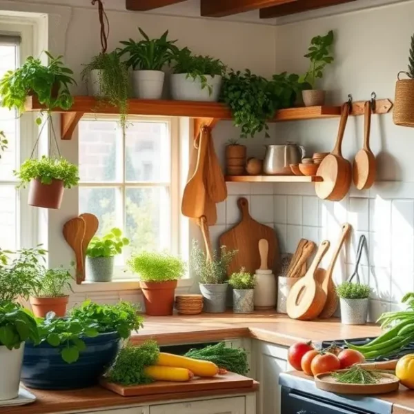 A cozy kitchen filled with various potted herbs and fresh ingredients.