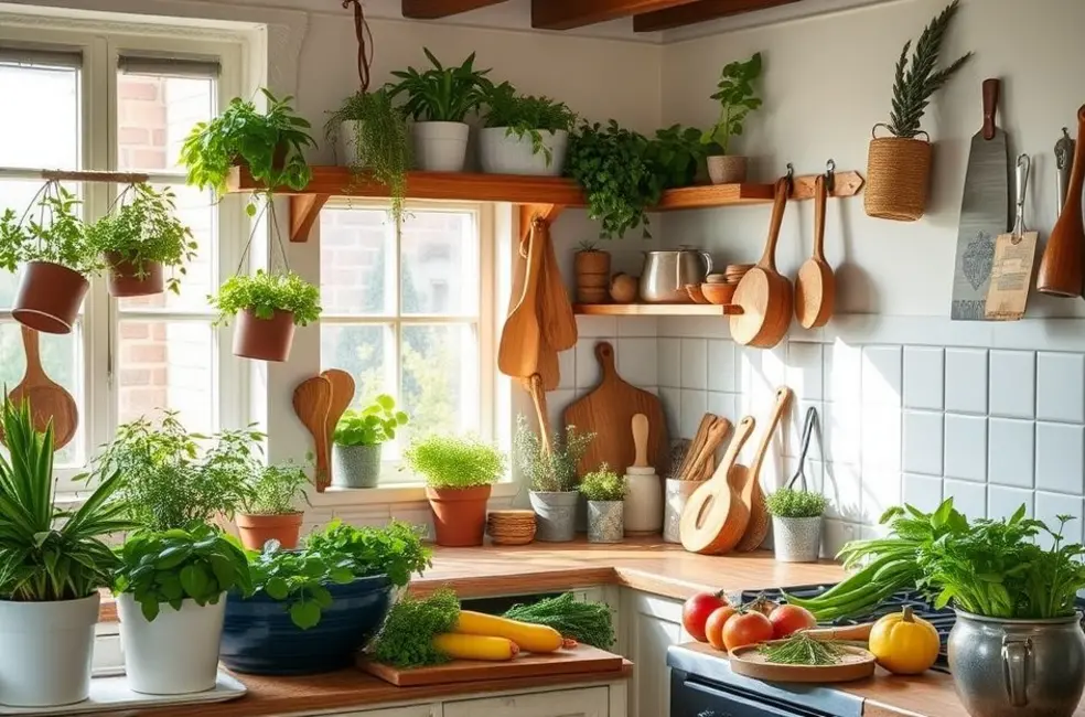 10 Temperos para Cultivar na Sua Horta e Transformar o Sabor da Sua Cozinha 8 A cozy kitchen filled with various potted herbs and fresh ingredients.