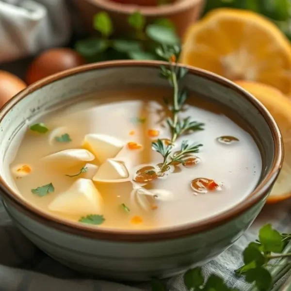 Uma tigela de caldo light em um ambiente aconchegante.