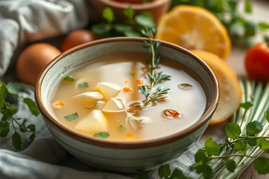 Uma tigela de caldo light em um ambiente aconchegante.