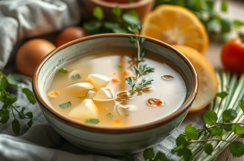 7 Caldos Light que Transformarão seu Jantar em uma Experiência Saudável e Deliciosa 8 Uma tigela de caldo light em um ambiente aconchegante.