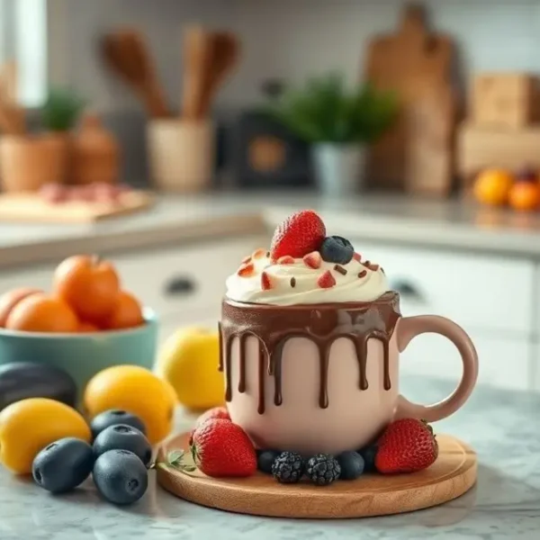 Cozinha aconchegante com um mug cake saudável sendo servido.