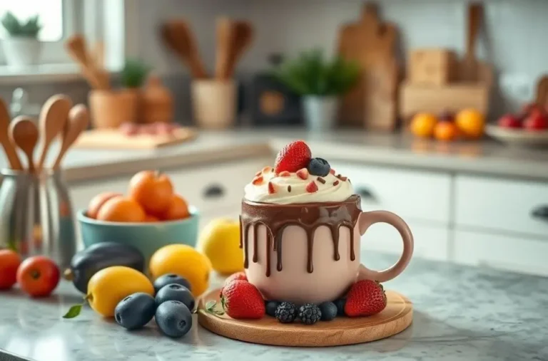 Cozinha aconchegante com um mug cake saudável sendo servido.