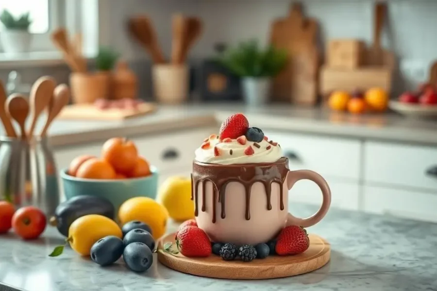 Cozinha aconchegante com um mug cake saudável sendo servido.