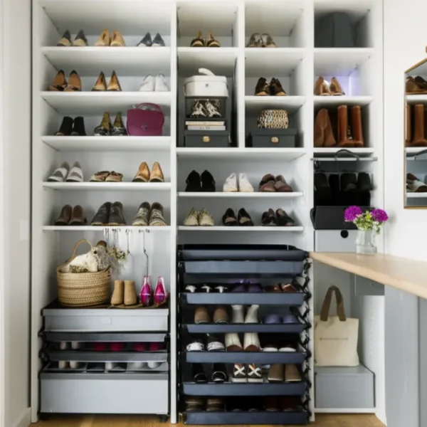 Organização de sapatos em apartamento pequeno.