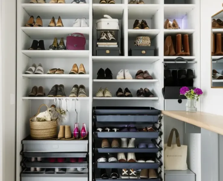 Organização de sapatos em apartamento pequeno.