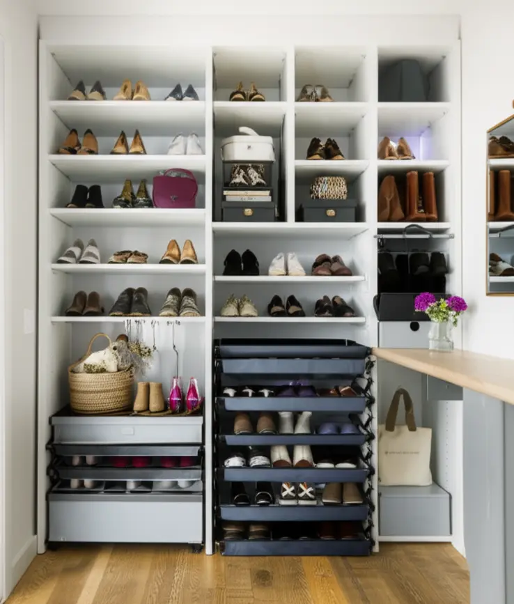 Organização de sapatos em apartamento pequeno.