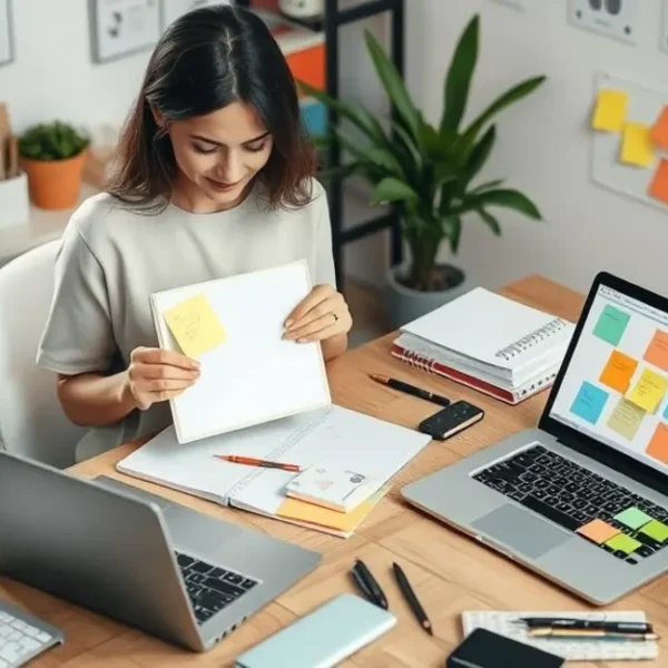 Mulher planificando suas tarefas em um ambiente aconchegante.