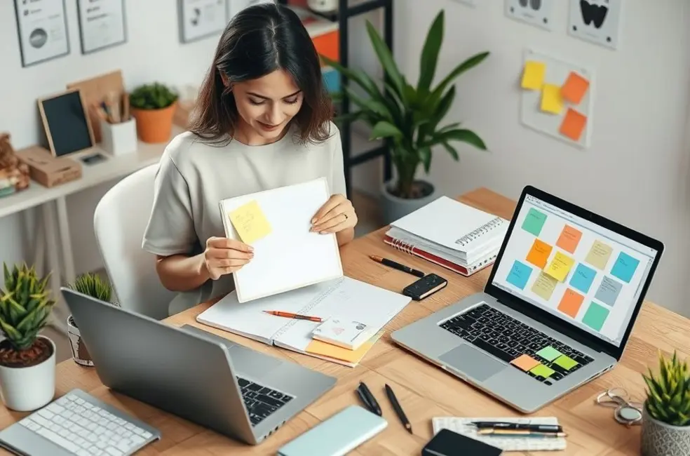 Mulher planificando suas tarefas em um ambiente aconchegante.