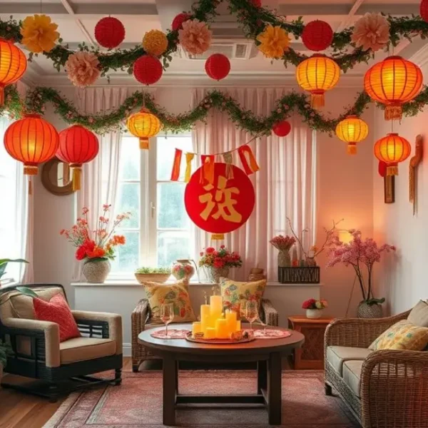 Ambiente decorado para festa junina com enfeites coloridos.