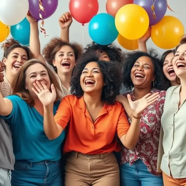 Grupo de mulheres diversas celebrando juntas, simbolizando alegria e empoderamento feminino.