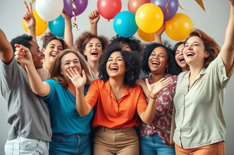 Grupo de mulheres diversas celebrando juntas, simbolizando alegria e empoderamento feminino.