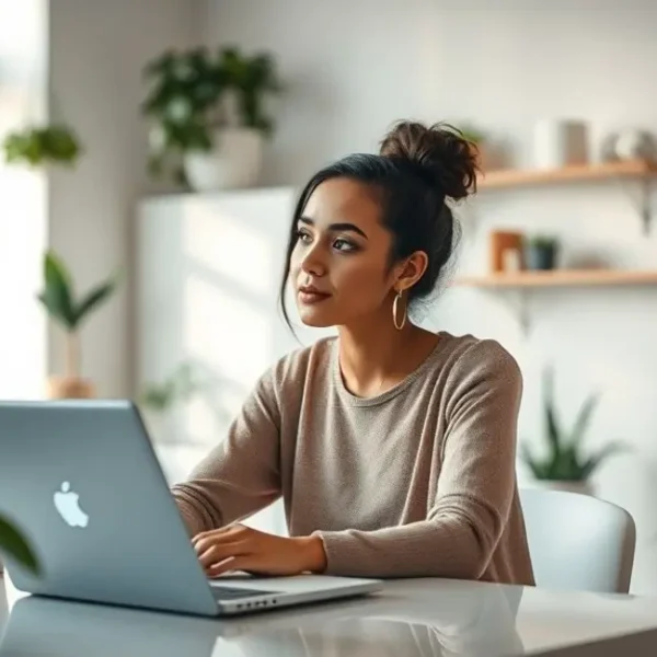 Mulher em um ambiente de trabalho inspirador, refletindo sobre seu crescimento pessoal.