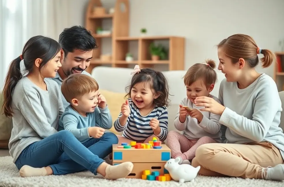 Família se divertindo jogando vários jogos juntos